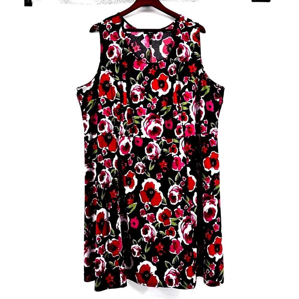 Ellos Fit & Flare Dress Sz 3X Midi Black Pink Stretch Sleeveless Feminine Summer